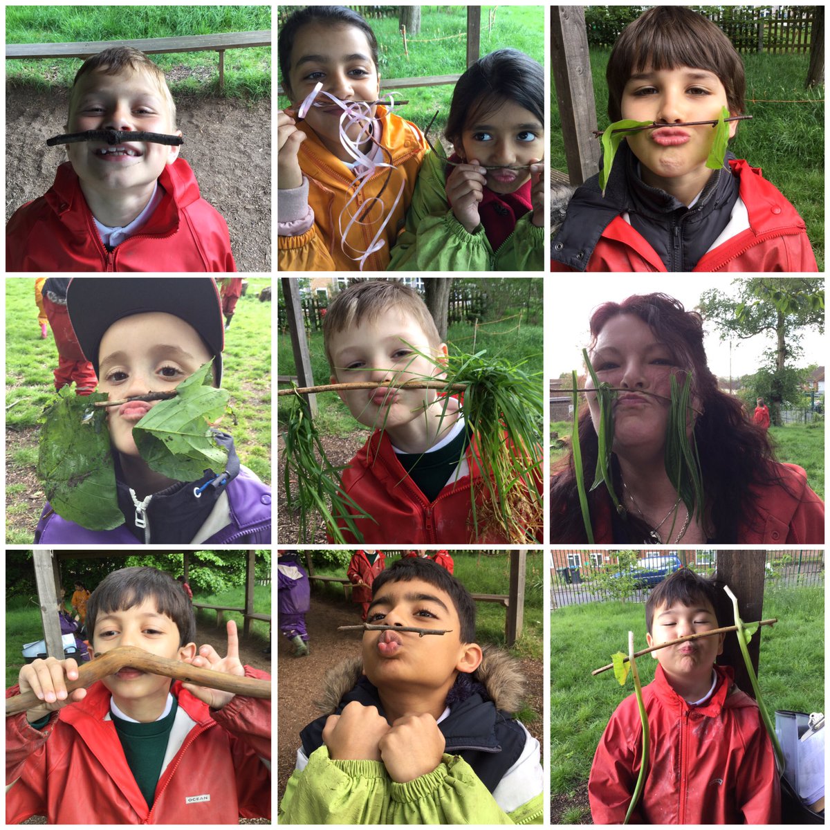 LyndonGreenJnr's tweet photo. #OutdoorClassroomDay #forestschool 3S(b) making incredible moustaches. Oh and teachers too! https://t.co/HRbzqGoQrS