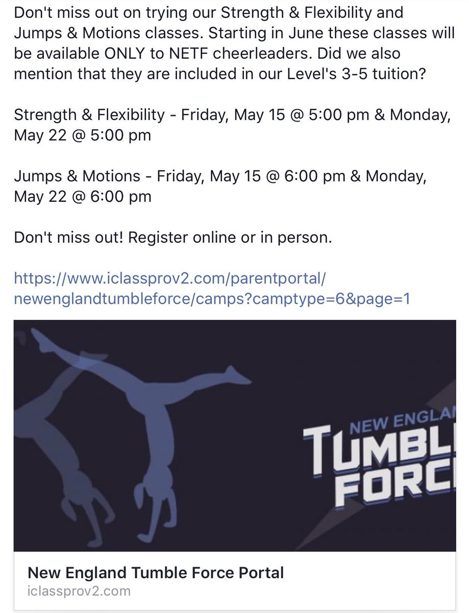 NETumbleForce's tweet image. Come try our Strength &amp;amp; Conditioning and Jumps in Motions Classes! iclassprov2.com/parentportal/n… #netf #allstarcheerleading #cheer #RhodeIsland