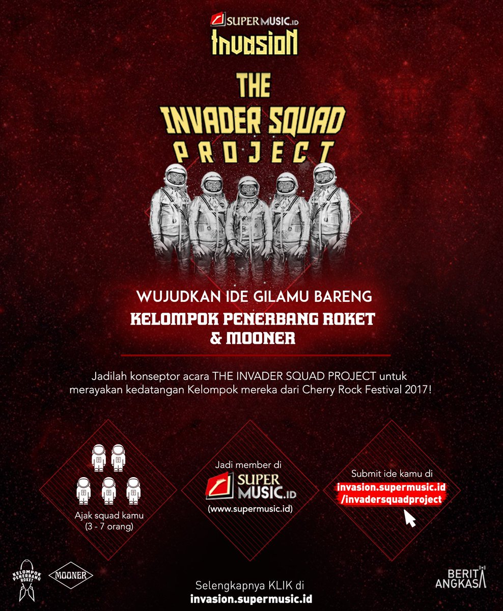AYO ajak squad kamu submit ide gila untuk merayakan kesuksesan <a href="/PenerbangRoket/">Kelompok Penerbang Roket.</a> &amp; <a href="/MoonerMooner/">Mooneer</a> di Cherry Rock 2017! supermusic.id/register