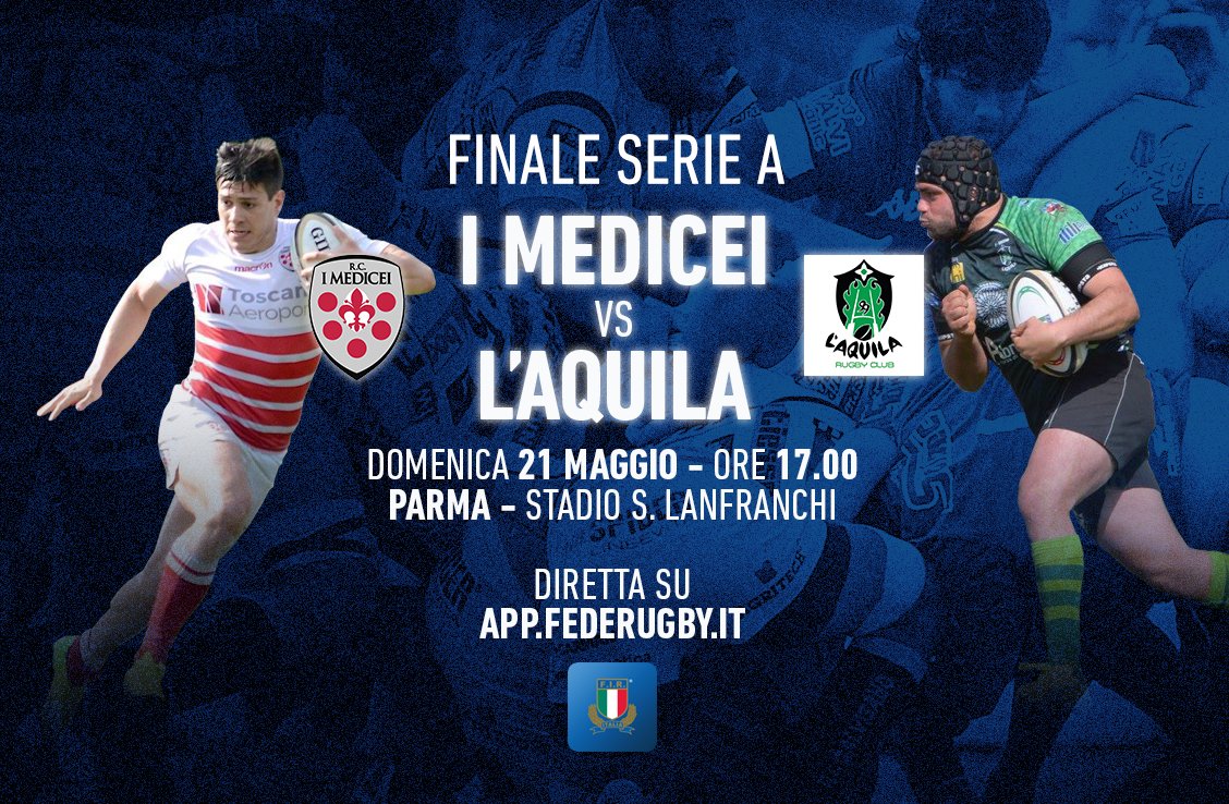 #MEDvLAQ -3 alla finale di #RugbySerieA di domenica a Parma tra <a href="/IMedicei/">I Medicei</a> e <a href="/AqRugbyClub/">L'Aquila Rugby Club</a>. Biglietti al botteghino del Lanfranchi dalle 15