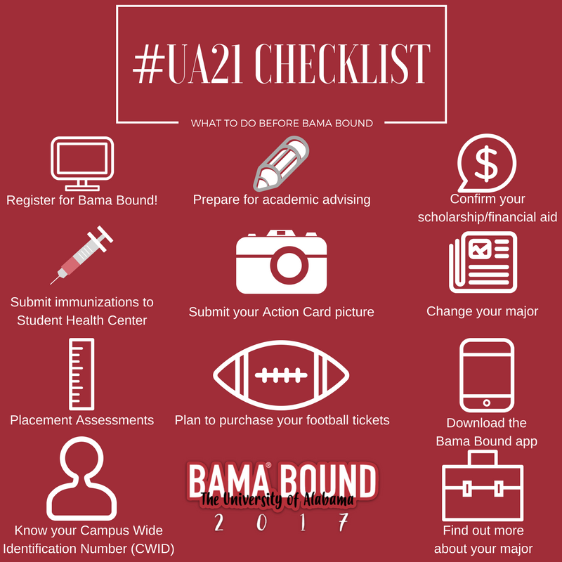 UA_BamaBound's tweet photo. #UA21 students: review this checklist to make sure you are prepared for #BamaBound orientation! We can't wait to see you ❤️🐘 https://t.co/pdPspdaCik