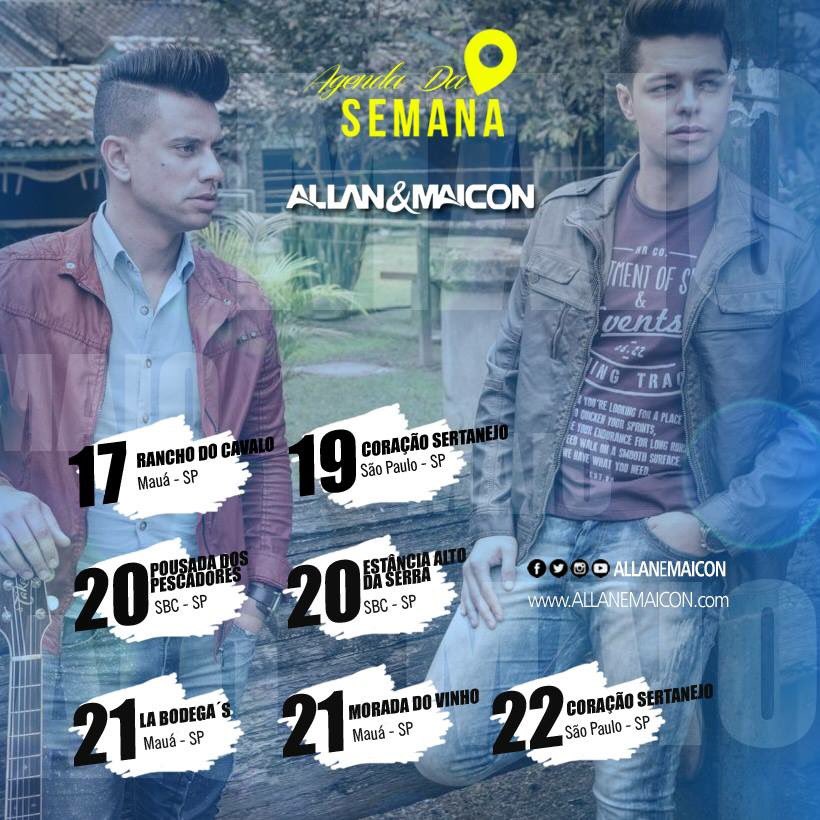 AllaneMaicon's tweet photo. Com Deus no comando, mais uma semana de shows para você curtir com a gente...
Anota ae...

#allanemaicon
#agendadasemana https://t.co/ltdONBeDTz