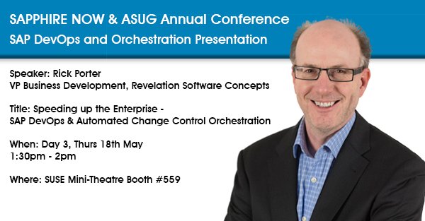 RevTrac's tweet photo. Interested in SAP DevOps? Don't miss Rick's presentation at #SAPPHIRENOW at #SUSE Mini Theatre #559 at 1:30pm #ASUG17 https://t.co/Lw90YIKaSL