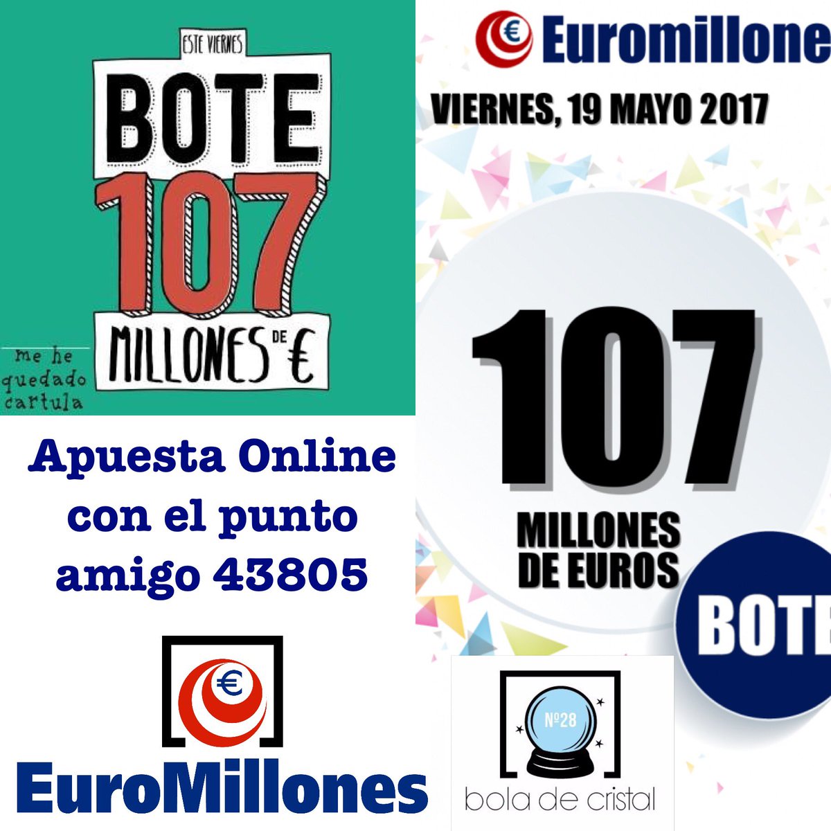 BoladeLoteria's tweet photo. 😲¡¡ Gran #Bote de #Euromillones este viernes !! #107Millones🤑Haz tus apuestas con la #suerte de #laboladecristal🔮 https://t.co/gO3e8oHZlC https://t.co/dq2rHm17Gx