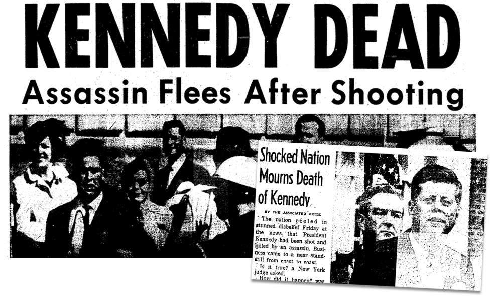 LA Times headline from 1963: "Kennedy Dead, Assassin flees after shooting"