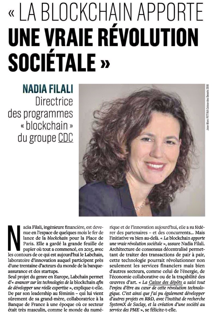 Superbe portrait dans <a href="/LaTribune/">La Tribune</a> de la co-inspiratrice &amp; co-pilote du consortium #LaBChain lancé par la @CaissedesDepots ! #Blockchain #fb