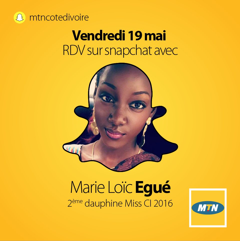 MTNCotedIvoire's tweet photo. Rendez-vous demain sur notre compte #Snapchat @mtncotedivoire avec #2emeDauphine #MissCI2016 #MissCI2017 https://t.co/G3P3SkIbhU