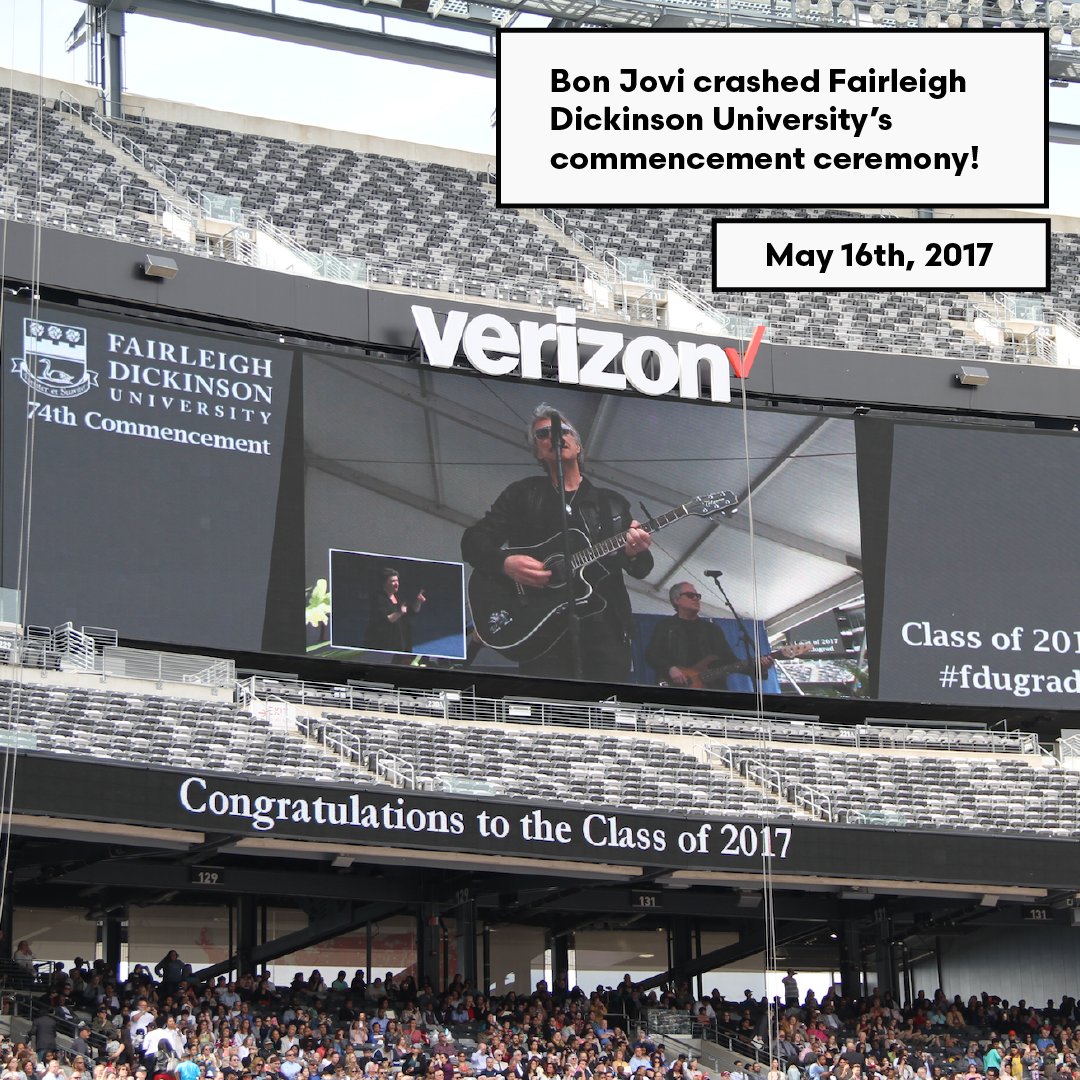 CheddarU's tweet photo. In case you missed it, the graduates of @FDUWhatsNew won the #jbjreunioncontest and @BonJovi crashed their commencement on Tuesday! ๐ ๐ https://t.co/nXn9PUFDqs