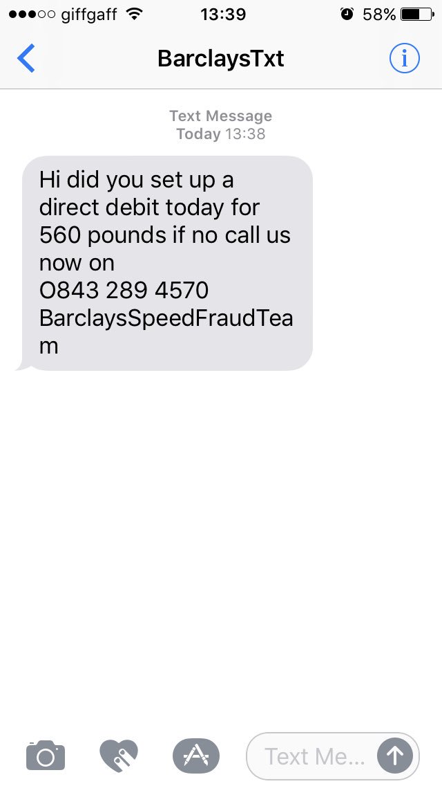 InvergordonTour's tweet photo. @BarclaysUKHelp I just received this txt and I'm not even with Barclays. #headsup #fraudalert https://t.co/hYQZHla6pG