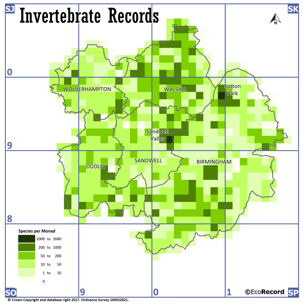 EcoRecording's tweet photo. #MapOfTheDay - showing the number of invertebrate species recorded in each 1km square in B&amp;BC - hotspots at #SuttonPark &amp; #SandwellValley https://t.co/ttwIh7pn5g