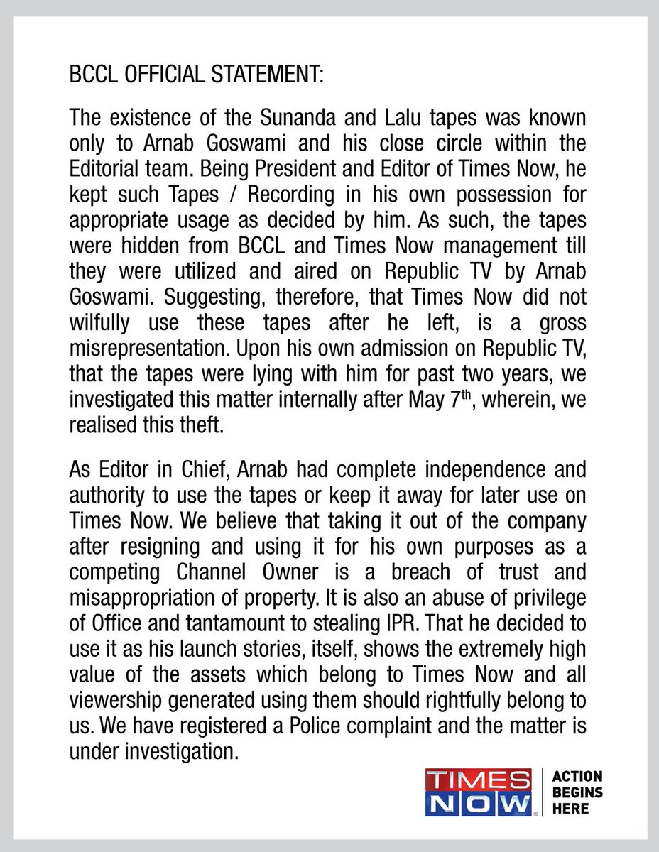 TimesNow's tweet photo. For the sake of clarity for our viewers, this is in response to recent conversations around BCCL filing an FIR against Arnab Goswami. https://t.co/Y1zqgq5R69
