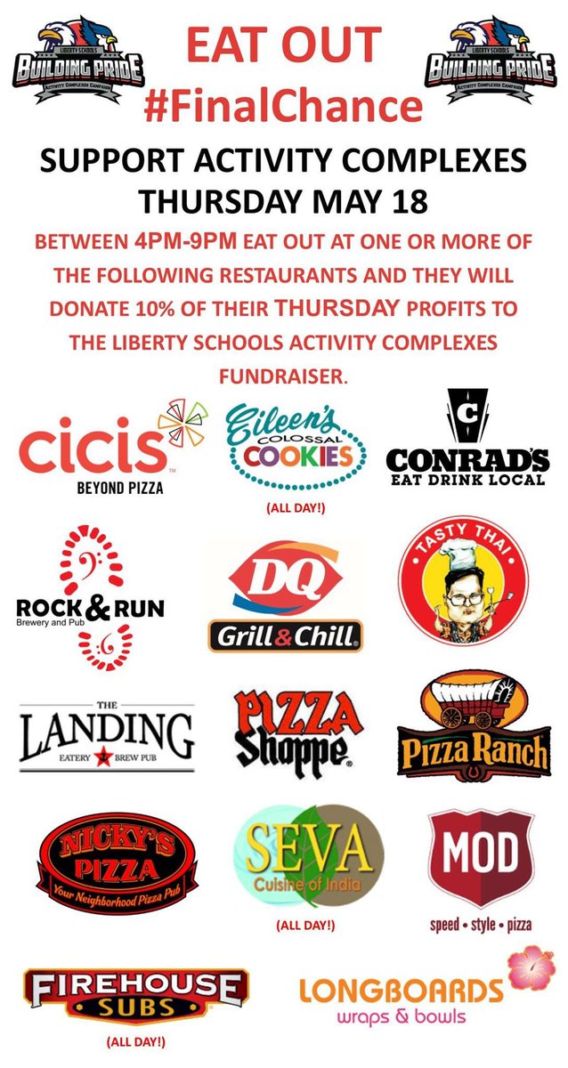 pride_lps's tweet photo. Today is the day! Dine Out from 4-9 and these great places will donate 10% to @pride_lps @LIBERTYSCHOOLS https://t.co/SgCohxzXqe