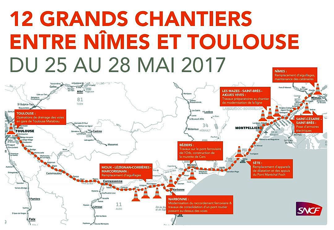 #Trafic perturbé et travaux sur le réseau #SNCF #Occitanie entre #Nîmes et #Toulouse #montpellier pour l'Ascension france3-regions.francetvinfo.fr/occitanie/hera…