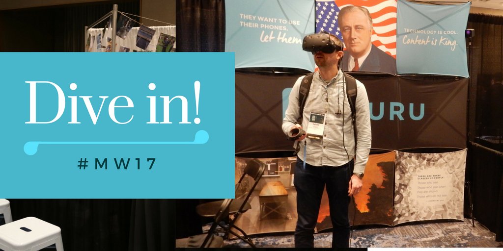 Man with virtual reality glasses. Overlaid with text that says "Dive in"!