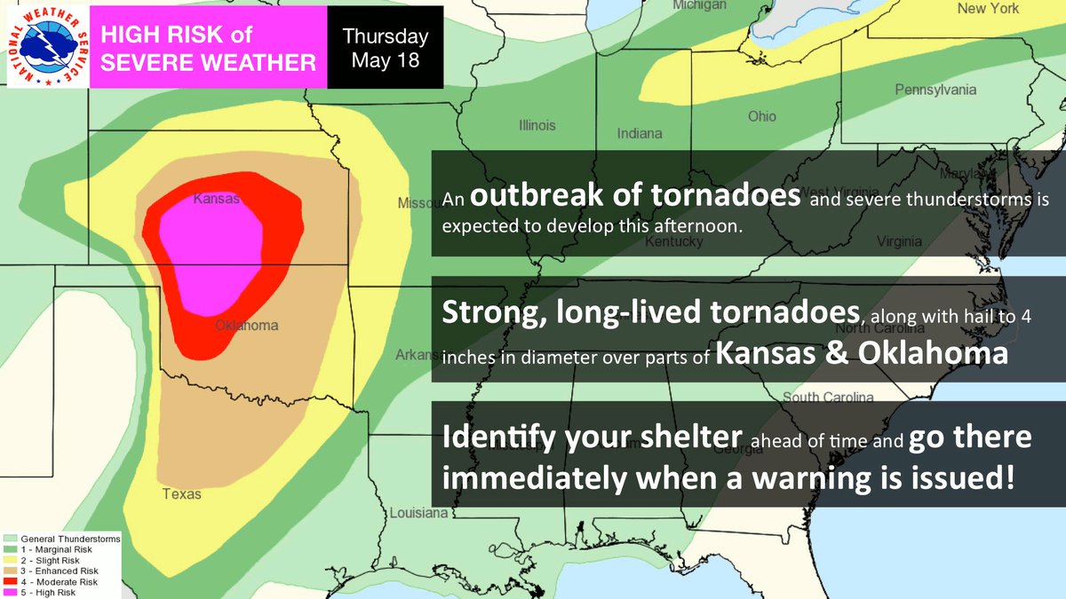 An outbreak of severe thunderstorms with tornadoes, very large hail and wind damage is expected to develop across parts of the southern and central Plains from this afternoon into this evening and overnight.  Some strong, long-lived tornadoes are expected, along with hail to near 4 inches in diameter, over parts of Kansas and Oklahoma.