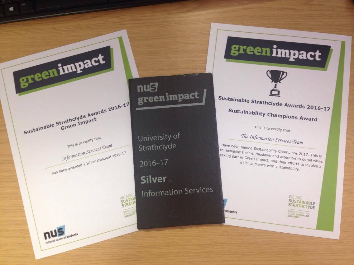UniStrathLibIT's tweet photo. It's official! We've achieved the Silver @nusuk Green Impact award, plus an overall champion award for 2016-17 @Strath_Eco #GreenUniLibrary https://t.co/9MiZPyh4lM