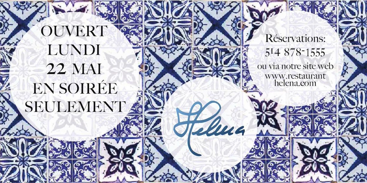 Lundi 22 mai: <a href="/HelenaMtl/">Restaurant Helena</a> sera ouvert en soirée seulement pour bien terminer le long congé 💙
réserv: 514 878-1555 ou restauranthelena.com