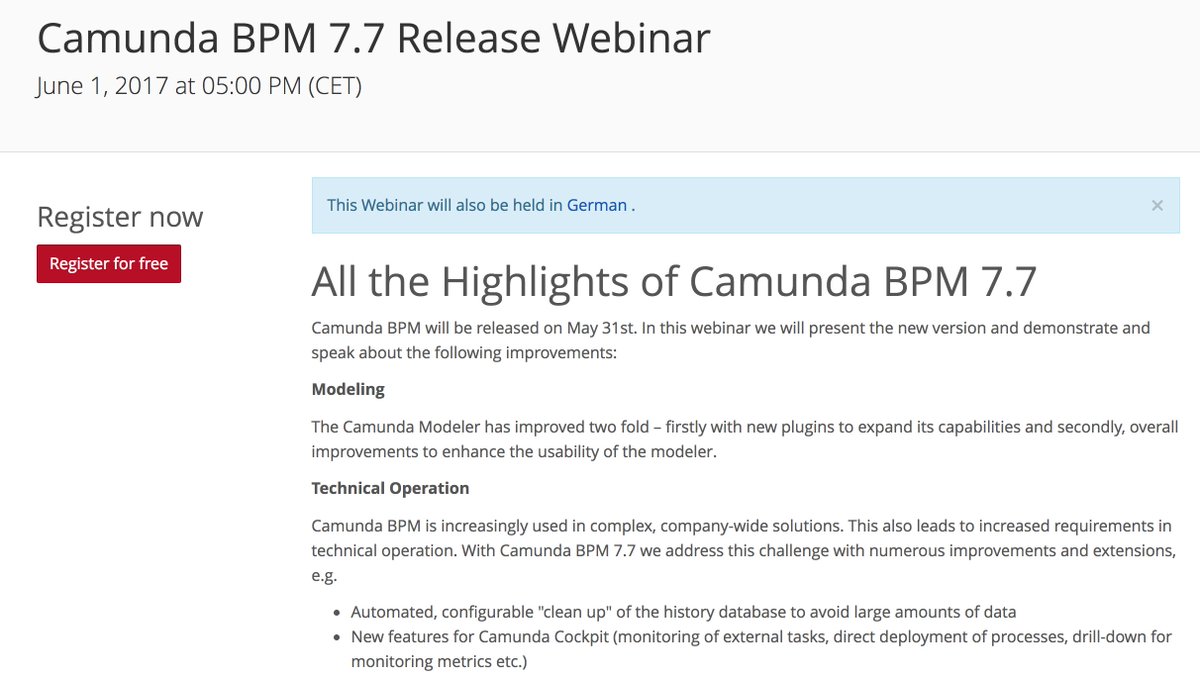 On May 31st we'll be releasing Camunda #BPM 7.7.

Join our live webinar the following day for all the highlights.

buff.ly/2qrIwPO