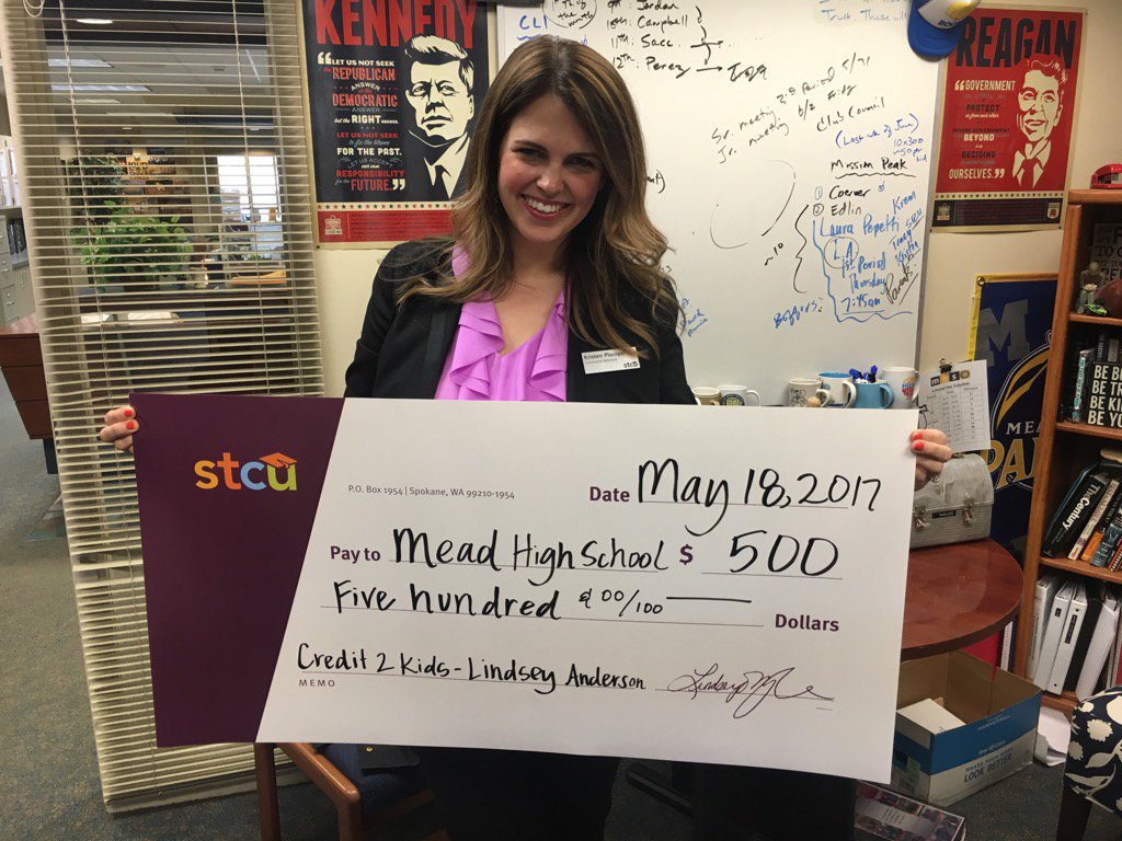 KREM2Laura's tweet photo. Well done @stcu Supporting #Credit2Kids for final win before the grand prize! #MeadHS https://t.co/NrahnBCFPy
