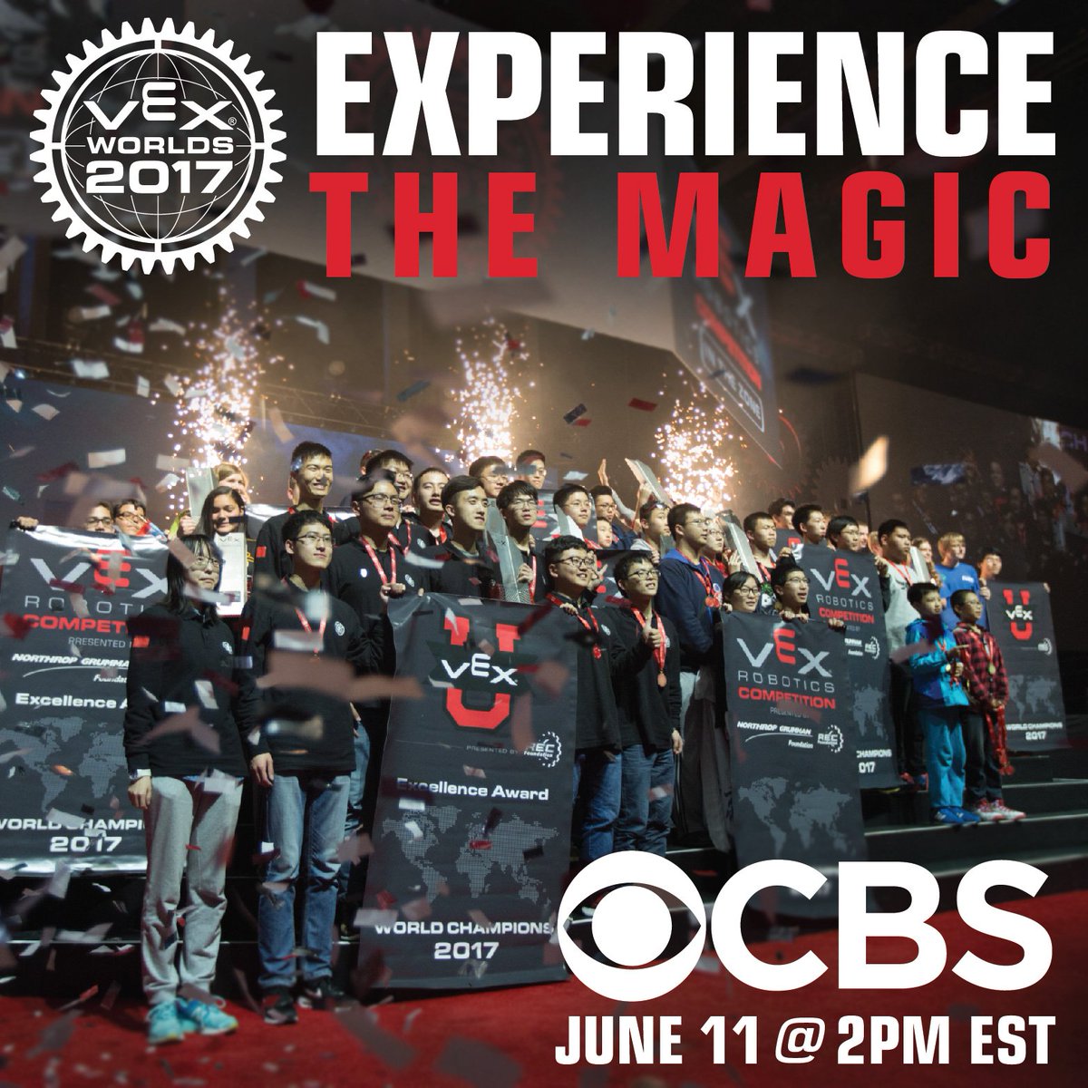 hzr929's tweet photo. Re-Experience the Magic-June 11th!
CBS will air the 2017 VEX Robotics World Championships June 11th at 2:00 p.m. EST #omgrobots #bcpsc2 https://t.co/Yd0EbMbDxU