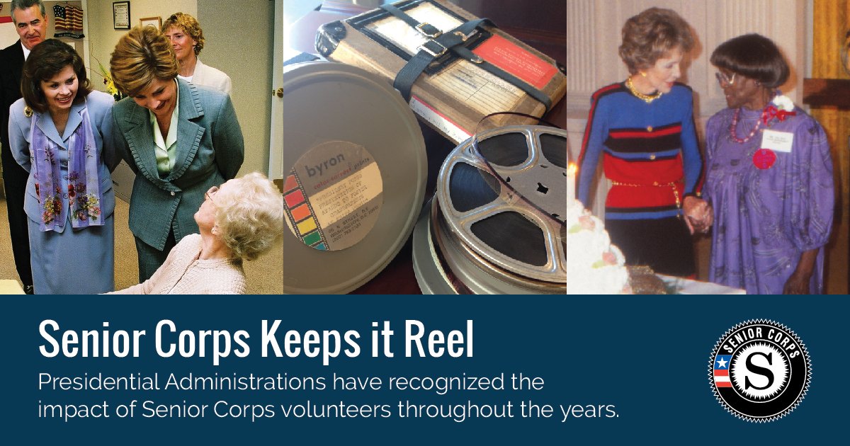 AmeriCorpsSr's tweet photo. #TBT for @SeniorCorps Week! Reels of photos show SC volunteers recognized by President Ford, Nancy Reagan, &amp; @LauraWBush. #SeniorCorpsWorks https://t.co/HyK3V1w2mi