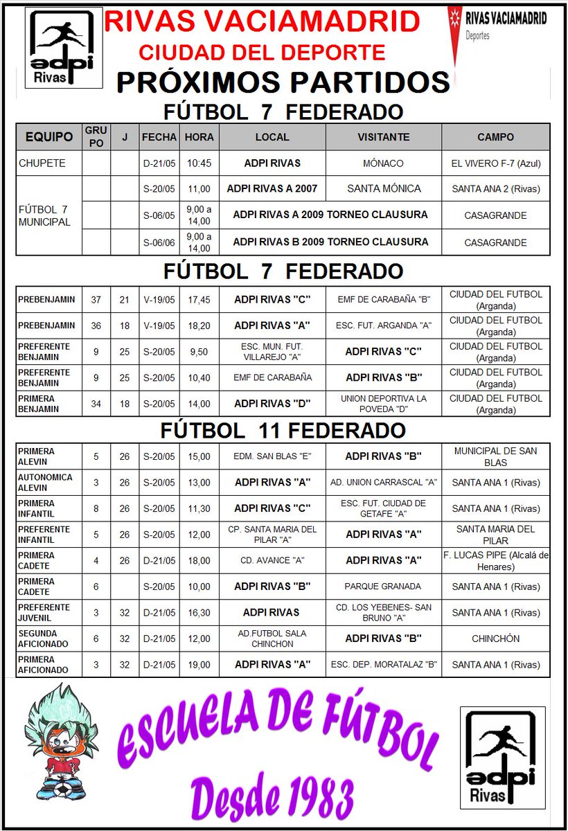 Horarios Próximos partidos fin de semana 20 y 21 mayo 2017