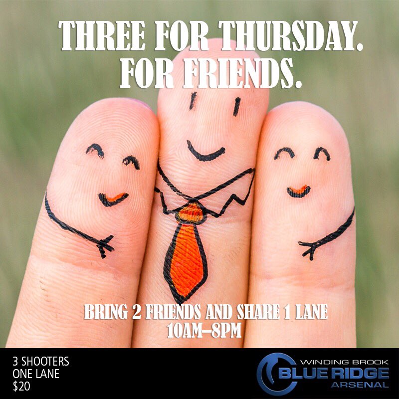 brawindingbrook's tweet photo. Bring 2 friends to #brawindingbrook today &amp; share a lane for $20-For an extra $5 bring a 3rd friend! #3forthursday #indoorrange #pewpewlife https://t.co/NDXFHFfRKQ