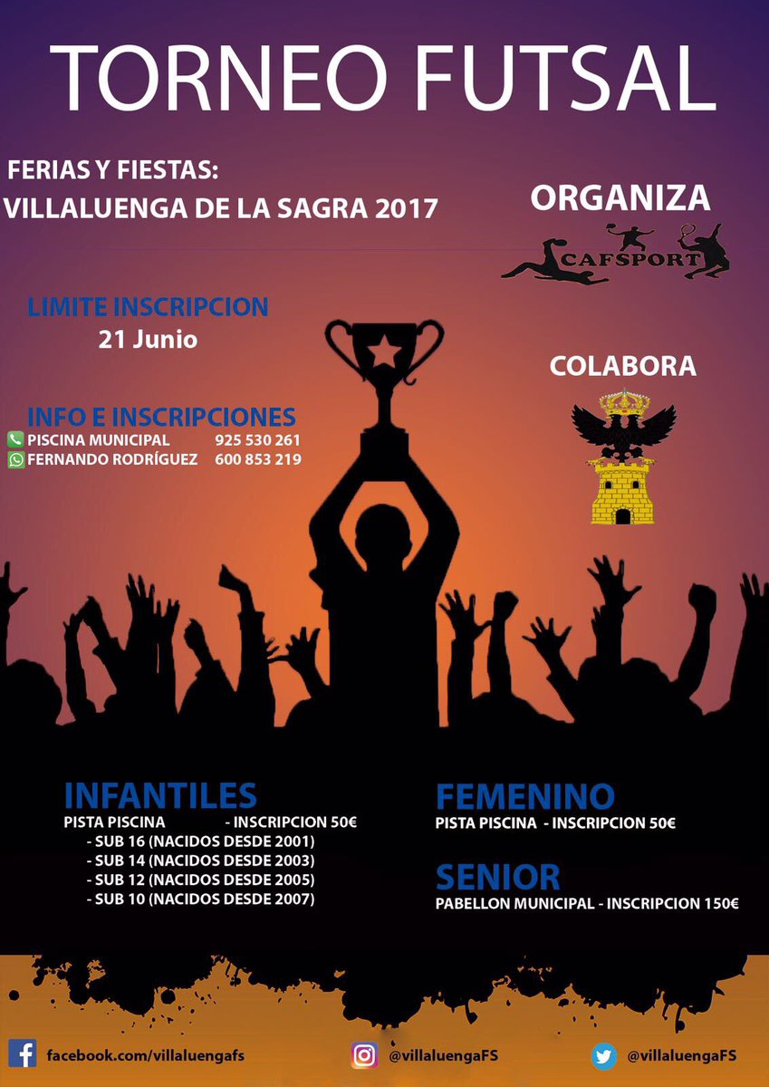 VillaluengaFS's tweet photo. Vuelta del torneo futsal Ferias y Fiestas 2017 de Villaluenga de la Sagra con las categorías senior masculino, femenino e infantiles! https://t.co/eX5Yqw9WD1