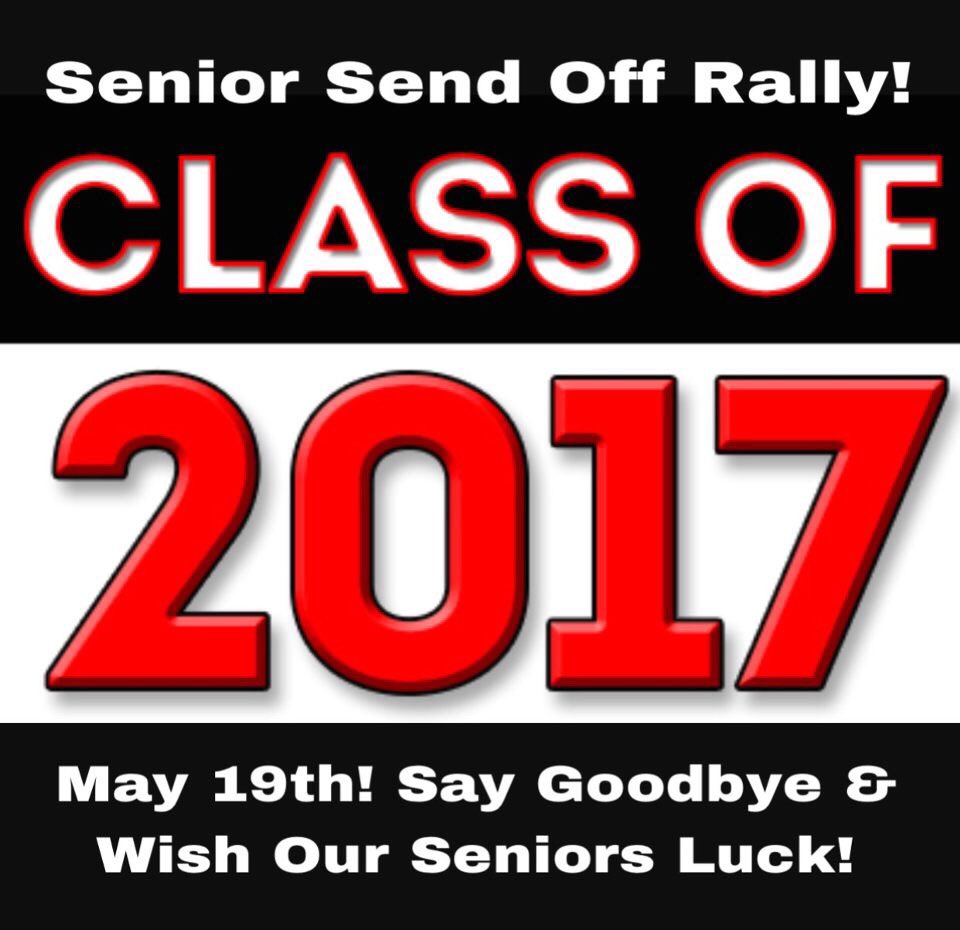 SENIOR SEND OFF RALLY IS TOMORROW! Seniors we will meet in the cafeteria for 🎈and 👑! Wear your class color!
