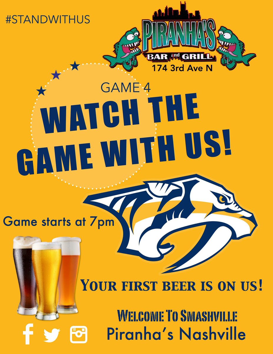 tojopromo's tweet photo. Watch party @nashpiranhas come cheer on our @PredsNHL First beer is FREE! #preds #NHLPLAYOFFS #standwithus #Smashville https://t.co/b3SEE97fEN