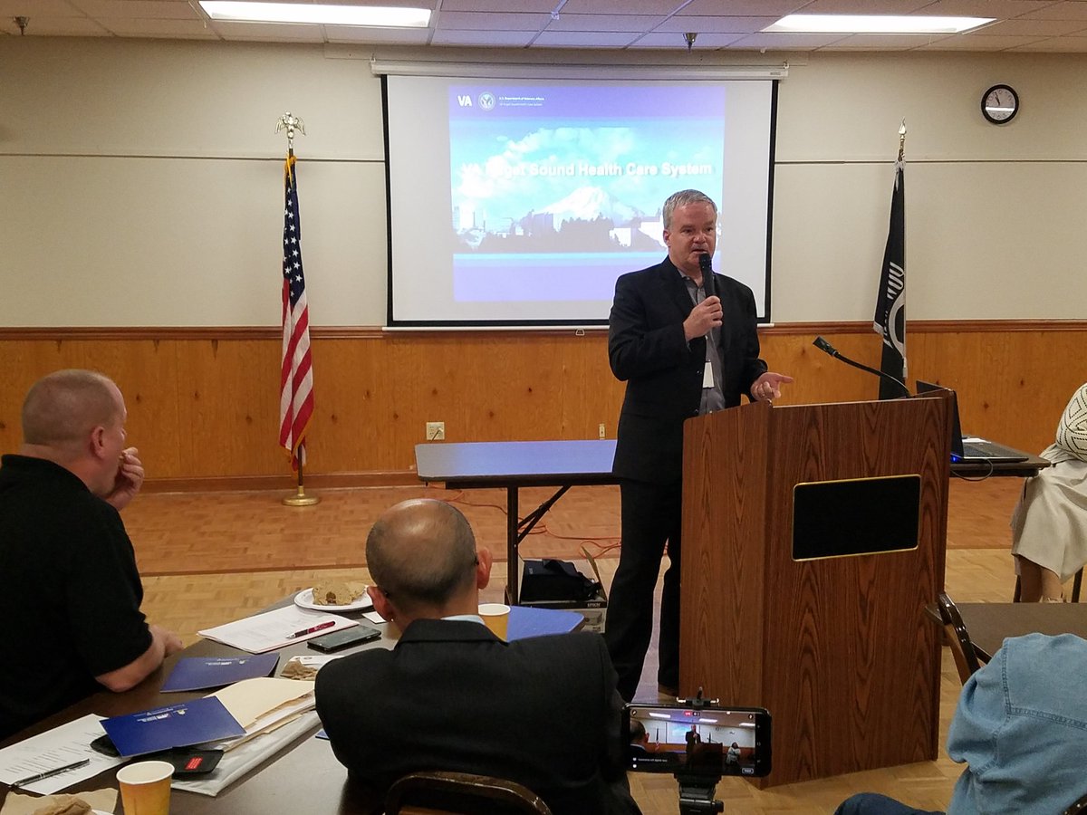 WDVA's tweet photo. New @VAPugetSound Director, Michael Tadych, introduction &amp; discussing avail services to 70+ Veteran Service Organizations. 
#CommandersCall https://t.co/eTTBtXHoLC