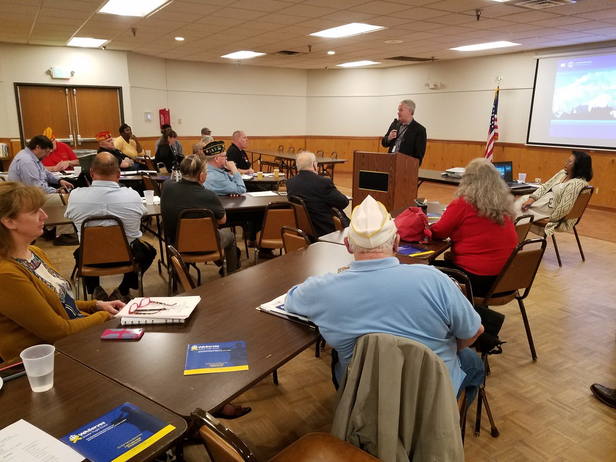 WDVA's tweet photo. New @VAPugetSound Director, Michael Tadych, introduction &amp; discussing avail services to 70+ Veteran Service Organizations. 
#CommandersCall https://t.co/eTTBtXHoLC