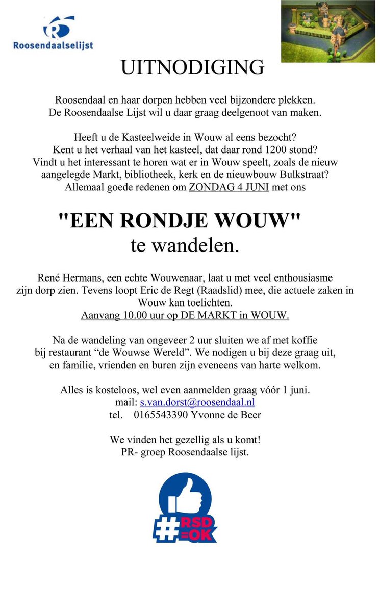 Gaat u mee? Iedereen is welkom.
Aanmelden bij 
Sjef van Dorst:  s.van.dorst@roosendaal.nl
of Yvonne de Beer:   0165543390
Tot 4 juni in Wouw