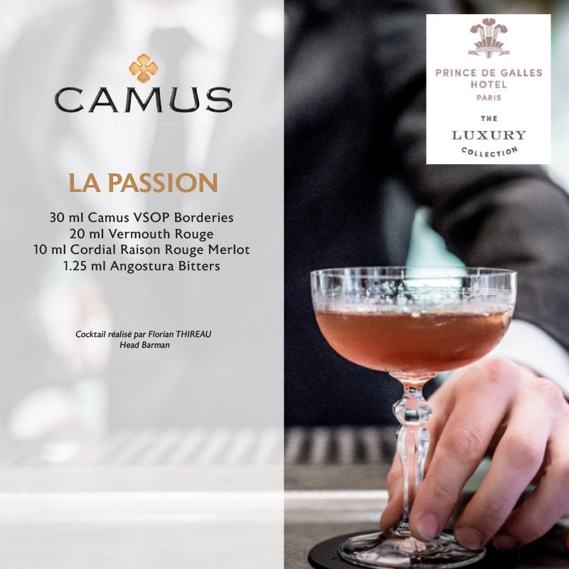 CamusCognac's tweet photo. Prince de Galles Head Barman Florian Thireau’s creation  —La Passion #cocktail for VIP event at @PDG_Paris with @CognacGuy 18 May #Borderies https://t.co/Y85hBJujKn