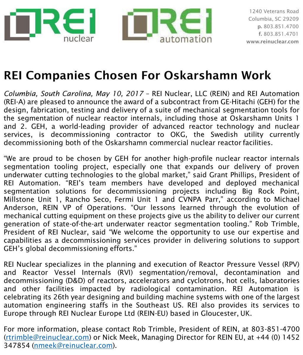 GE-Hitachi selected REI Automation to design and build the segmentation equipment for the Oskarshamn nuclear reactor decommissioning project