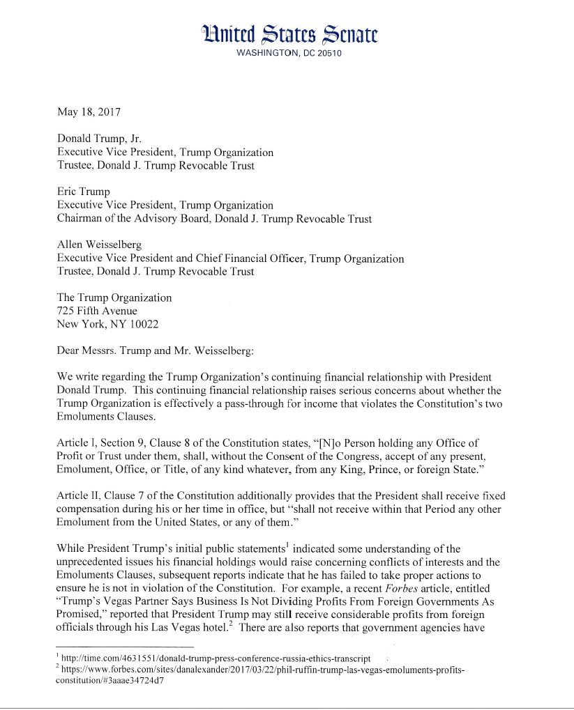 SenatorLeahy's tweet image. .@POTUS must comply w/ Constitution’s Emolument Clauses. American ppl deserve gov't free from conflicts of interest. Qs must be answered.