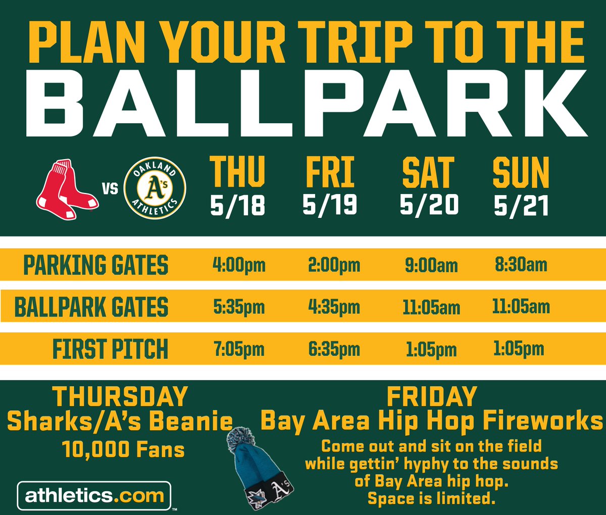 Athletics's tweet photo. Beantown, meet Beanetown. A's vs. Red Sox ALL WEEKEND LONG. Who's coming? https://t.co/qe2wuvwHXb https://t.co/zglkgh3qUZ