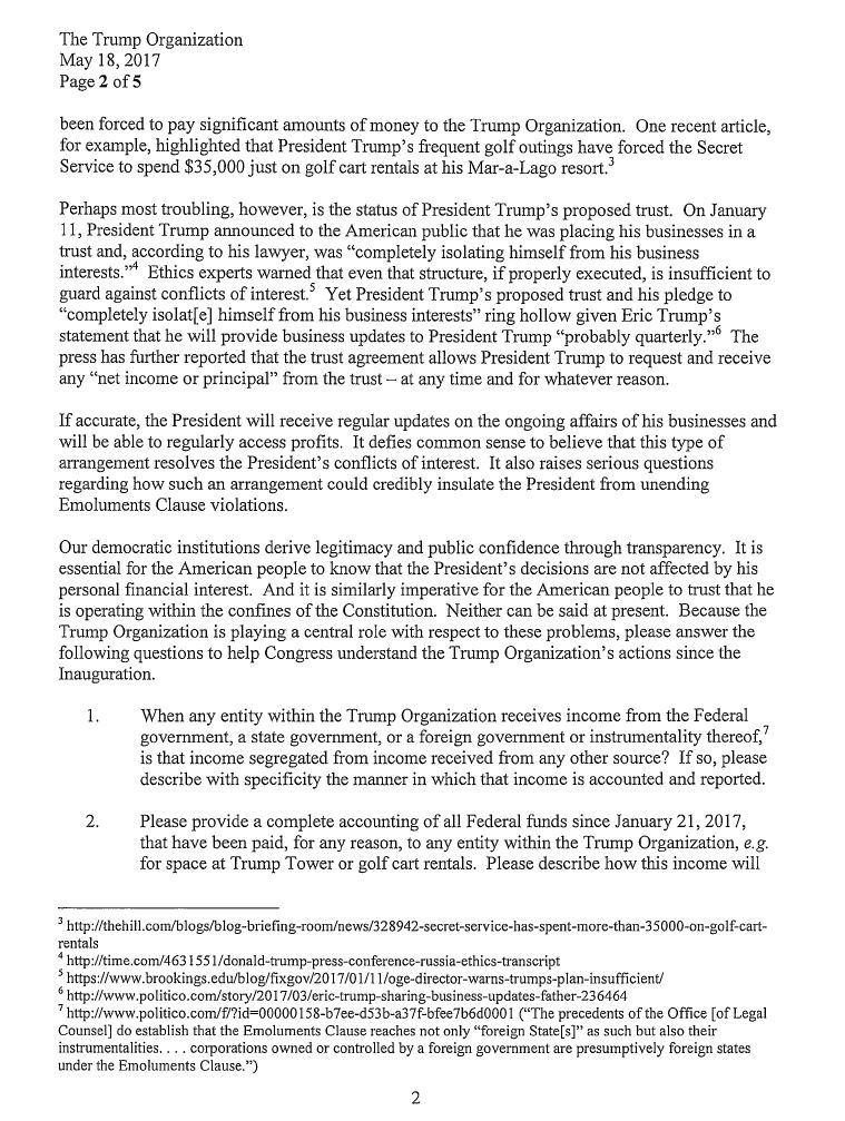 SenatorLeahy's tweet image. .@POTUS must comply w/ Constitution’s Emolument Clauses. American ppl deserve gov't free from conflicts of interest. Qs must be answered.