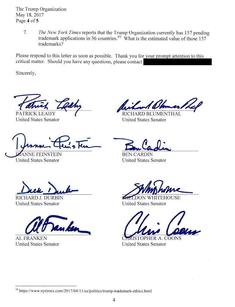 SenatorLeahy's tweet image. .@POTUS must comply w/ Constitution’s Emolument Clauses. American ppl deserve gov't free from conflicts of interest. Qs must be answered.