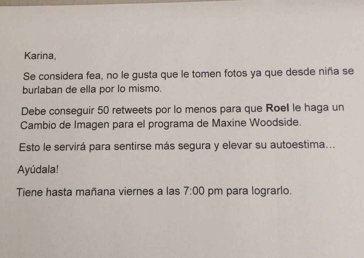SalonRoel's tweet photo. Ayuda a Karina con tus retweets 🙏🙏 sin tu ayuda no lo conseguirá. Es para una buena causa. @maxwoodside @anamaalvarado @AnaleePeredo https://t.co/l1cHzsqaZF