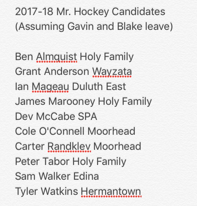 Our prediction for the 
2018 Mr. Hockey Finalists: 

Preseason 2017-18 Top 5

1. Moorhead
2. Duluth East
3. Holy Family
4. Edina
5. STA