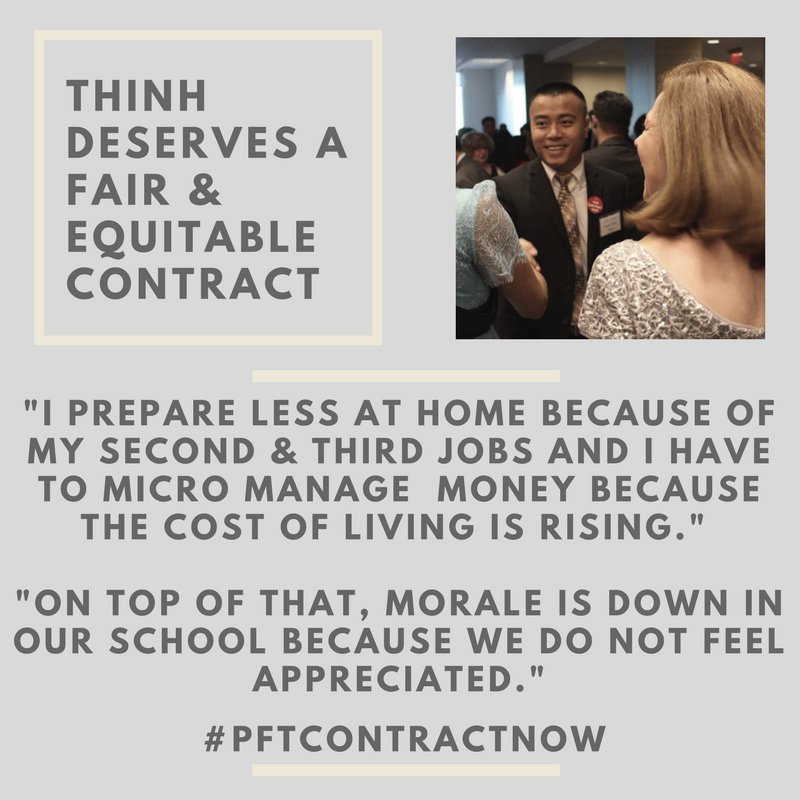 HelenGymAtLarge's tweet photo. #Phled teachers have 1 job: teaching &amp; nurturing our kids. But w/o a contract, many work 2nd &amp; 3rd jobs to make ends meet. #PFTContractNow https://t.co/DGG2DgeeDN