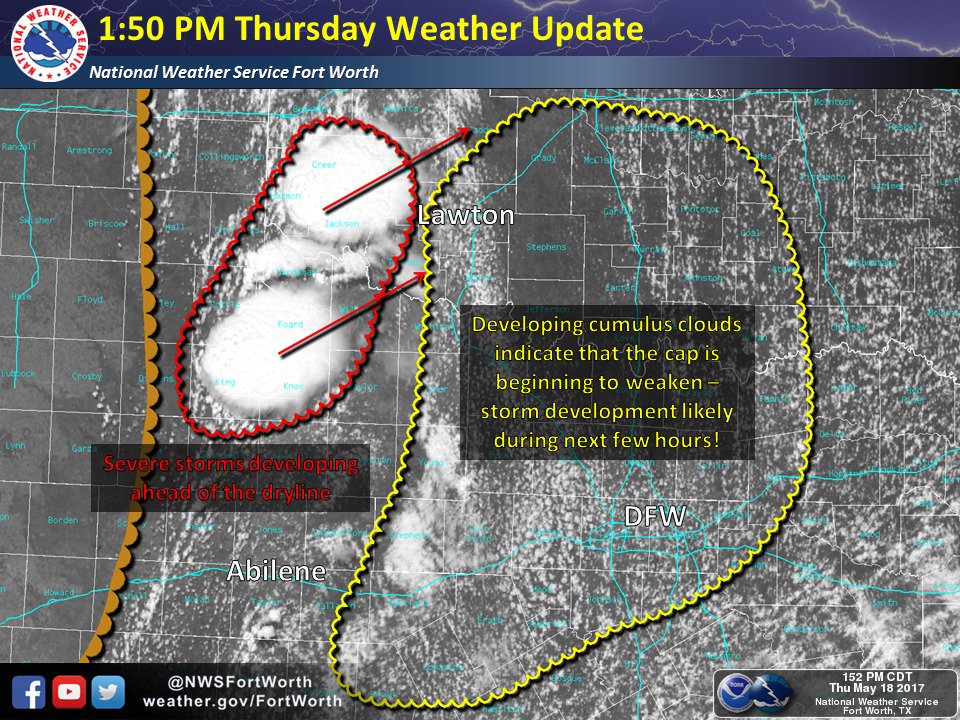 NWSFortWorth's tweet image. 1:54 PM: Satellite imagery suggests that the cap is weakening over North TX, and storm development is likely during next few hours. #txwx