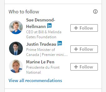 brianelangston's tweet photo. @LinkedIn Refreshed the page and here she is again, juxtaposed with @JustinTrudeau! #irony https://t.co/HqEEaUCbuz