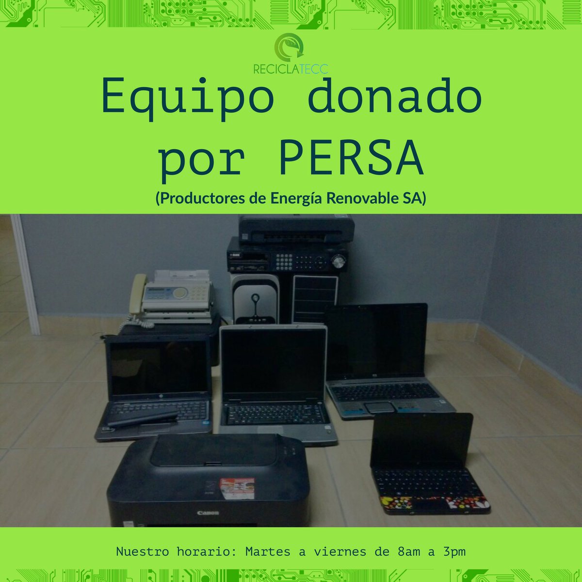 reciclatecc's tweet photo. 🙌🏻¡Agradecemos profundamente a la empresa PERSA (Productores de Energía Renovable SA) por su valiosa donación. #Reciclatecc https://t.co/4fPds8c7kA