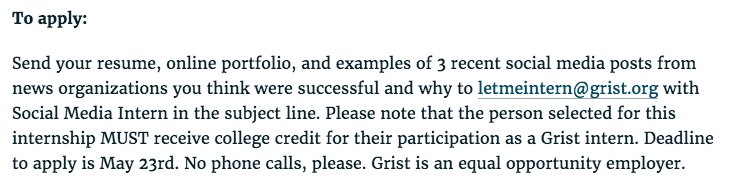 DEADLINE EXTENDED: We're still looking for a summer social media intern! #Seattle-area students apply by 5/23 grist.org/jobs/#social-m…