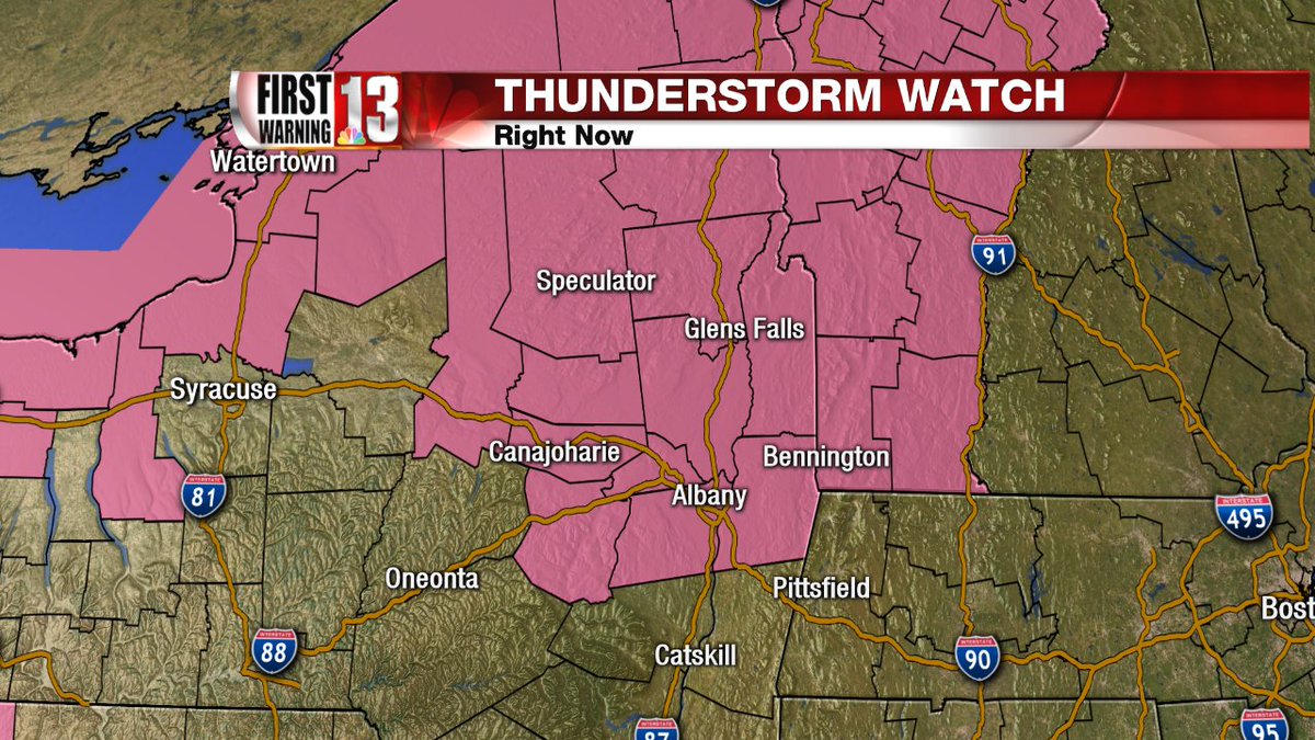 A SEVERE THUNDERSTORM WATCH is in effect for areas in pink. Interactive