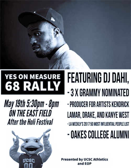 UCSCAthletics's tweet photo. Come out to the Yes On 68 Rally featuring THE @DjDahi tomorrow, and our pool party the next day!
#Access4Everyone #GoSlugs #UCSCEOP #YesOn68 https://t.co/xzLcxqGi1w