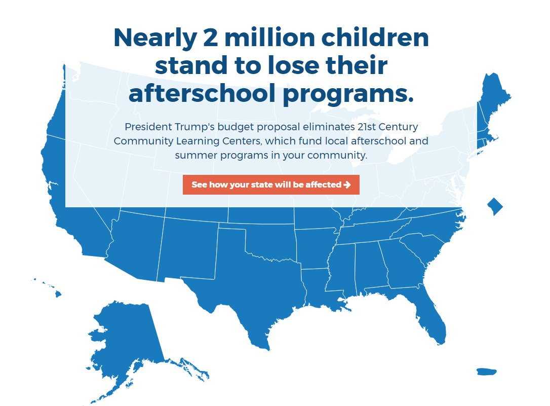 afterschool4all's tweet photo. How many kids in your state would lose their afterschool programs if Trump's #edfunding cuts are enacted? Find out: https://t.co/HTSl8eTQbi https://t.co/Tbe83Au3yb