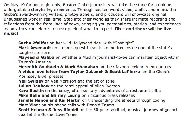 SachaPfeiffer's tweet photo. The @BostonGlobe's first-ever live storytelling show sold out (thank you, Boston!) but we may reprise it this fall: https://t.co/0NyNkJWzpJ https://t.co/Rrdbi067Yt